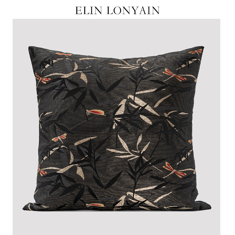 ELINLONYAIN黑金色竹影蜻蜓抱枕