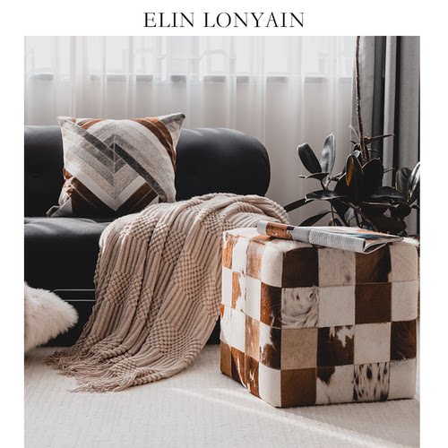 ELINLONYAIN咖奶牛皮棋盘格坐墩