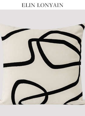 ELIN LONYAIN现代简约轻奢米黑色绣线抽象抱枕样板房设计师方枕
