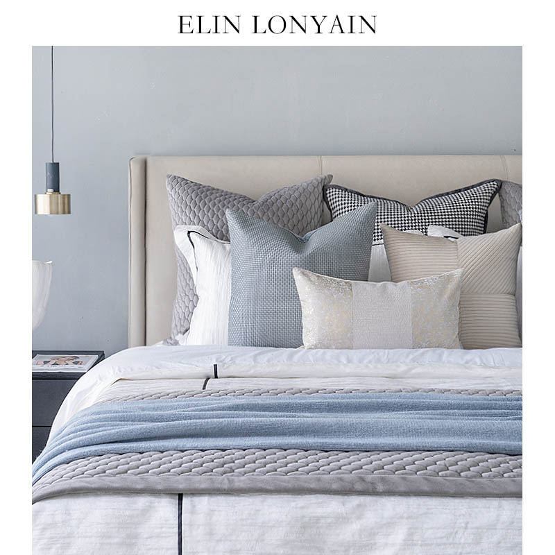 ELINLONYAIN千鸟格蓝色绗缝抱枕