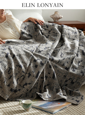 珑衍家居现代简约灰黑色复古东方韵味几何亚麻搭毯床尾毯披毯盖毯