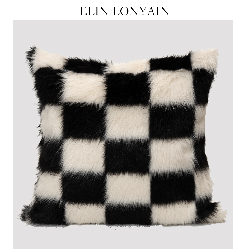 ELINLONYAIN黑白棋盘仿水貂抱枕