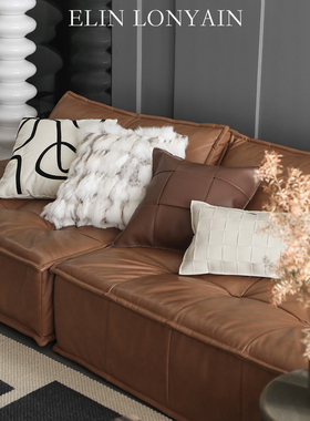 ELIN LONYAIN咖色系样板房沙发搭配抱枕皮编织真狐狸毛抽象方腰枕