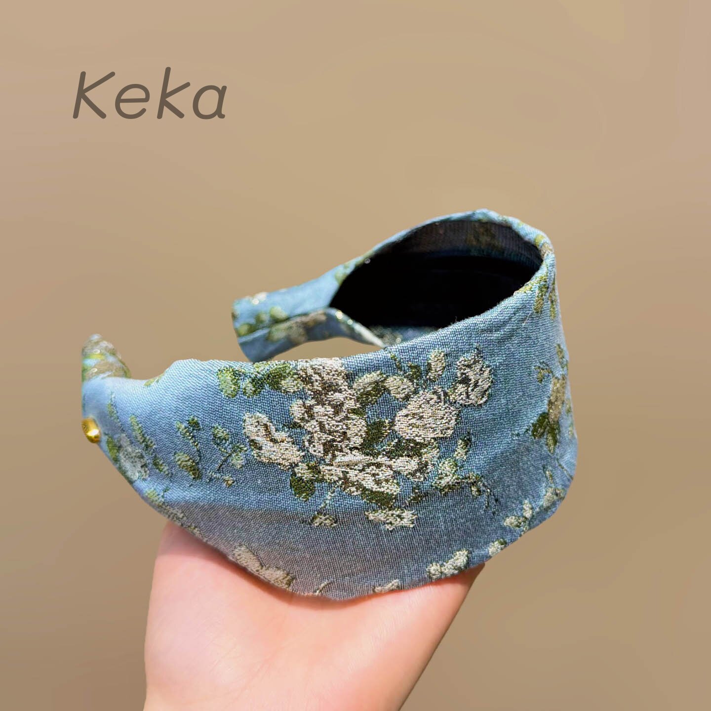 牛仔蓝复古碎花宽版布艺头箍