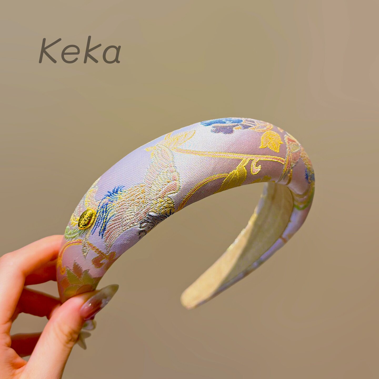 新中式浅紫鸾鸟织锦加宽发箍