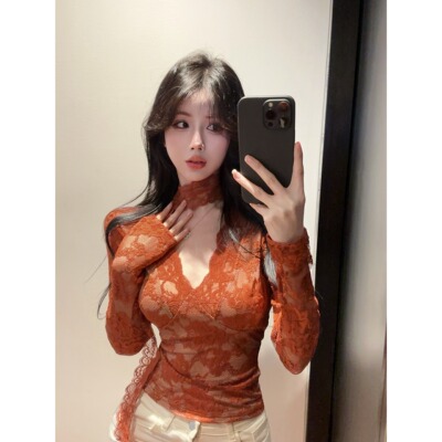 法式纯欲镂空飘带V领蕾丝衫