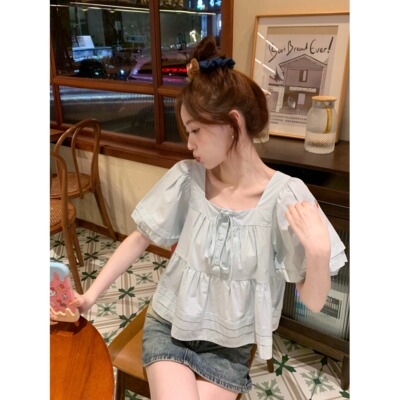 衬衫女夏季短款娃娃衫法式方领泡泡袖衬衣小个子短袖上衣2025新款