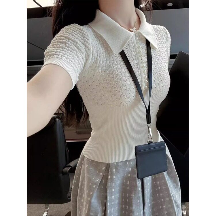 夏设计感白色针织短袖女2026新款chic洋气Polo领修身小个子上衣潮
