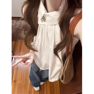 高级感白色无袖 韩系设计感小众宽松无袖 挂脖衬衫 夏季 上衣 女装 法式