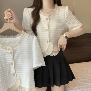 法式温柔小众圆领衬衫夏季气质别致chic衬衣短款甜美范上衣女