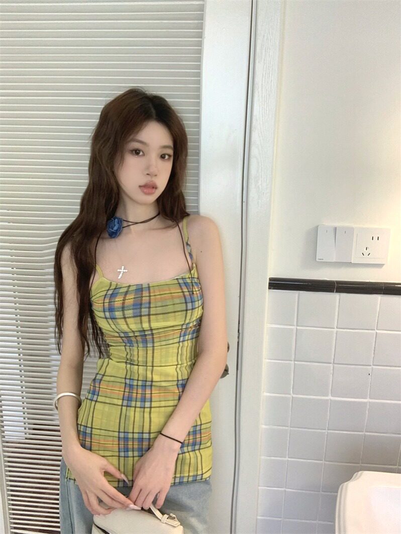 黄色格子性感小吊带女夏季修身复古开叉无袖背心辣妹外穿chic上衣