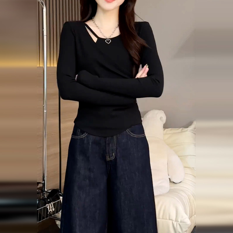 秋冬季黑色内搭打底衫设计感小众长袖t恤女2026新款修身百搭上衣