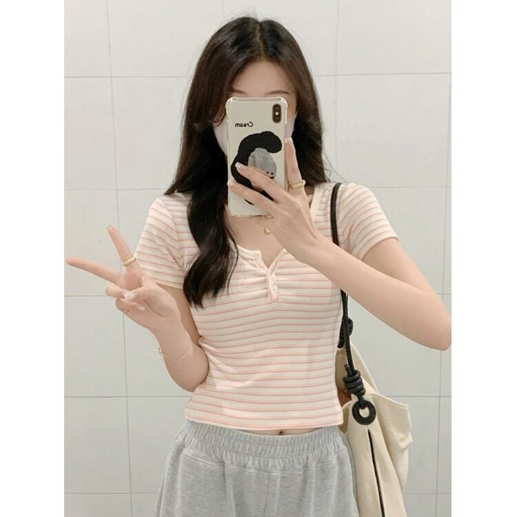 纯棉粉条修身短款显瘦T恤女