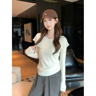 韩系荷叶边一字肩针织衫女2025秋季显瘦小众修身露肩长袖简约上衣