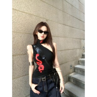美式高街小蛇斜肩背心印花女夏季新款气质高级感辣妹暗黑无袖上衣