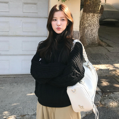 黑色高领麻花毛衣女秋冬季