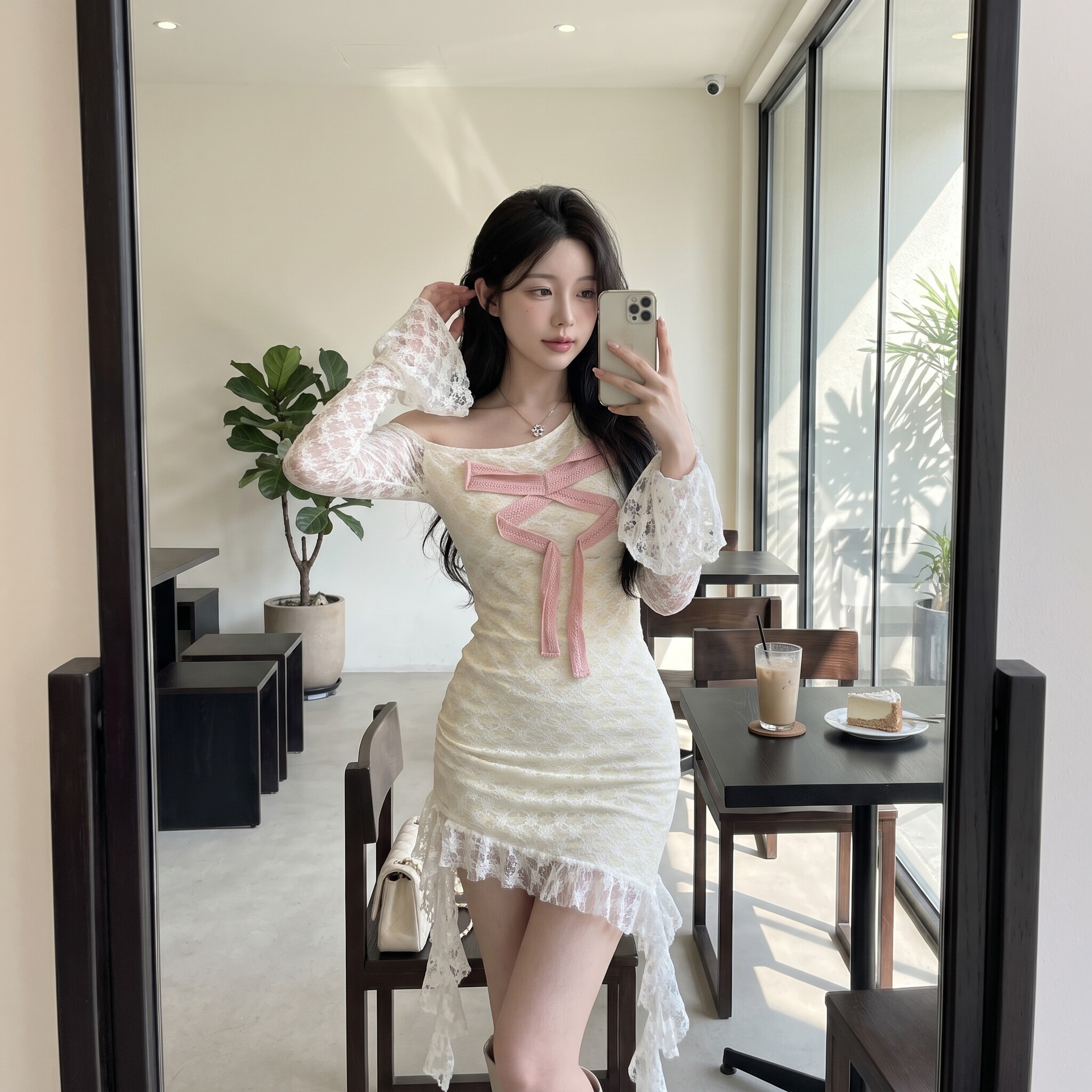 蕾丝拼接露肩长袖显瘦包臀连衣裙