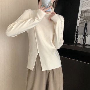 高领毛衣女秋冬加厚白色内搭高级感针织打底衫设计感小众开叉上衣