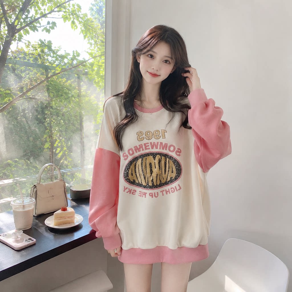 春秋加绒拼色宽松卫衣女