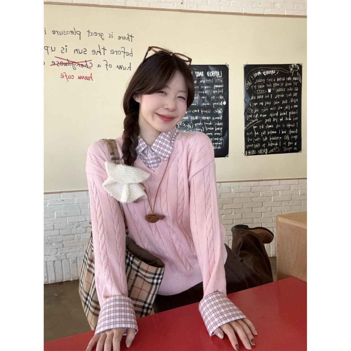 2026新款韩系麻花粉色假两件毛衣女秋冬衬衫拼接内搭针织衫上衣