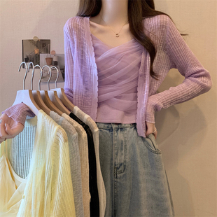 夏季穿搭一整套装女韩系小众长袖针织防晒开衫吊带背心薄款两件套