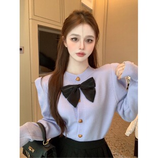 2026春秋新款日系香芋紫蝴蝶结针织衫开衫小香风毛衣外套女款上衣