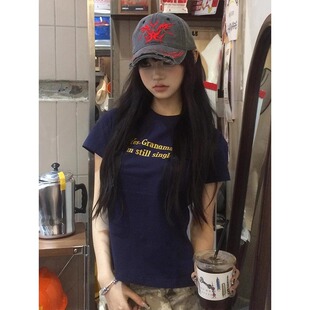 美式复古藏青色正肩短袖t恤女夏季甜辣妹修身设计感显瘦短款上衣