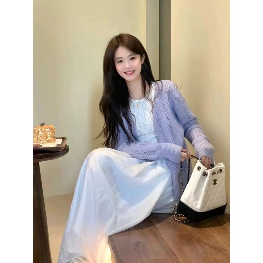 韩版蓝紫色镂空针织开衫毛衣女2026春秋新款宽松显瘦上衣薄款外套