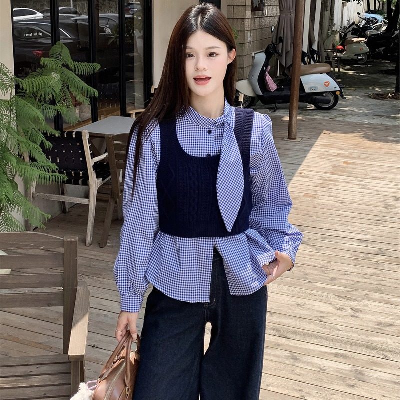 两件套装针织毛衣马甲背心叠穿格子单排扣长袖衬衫春秋新款宽松潮