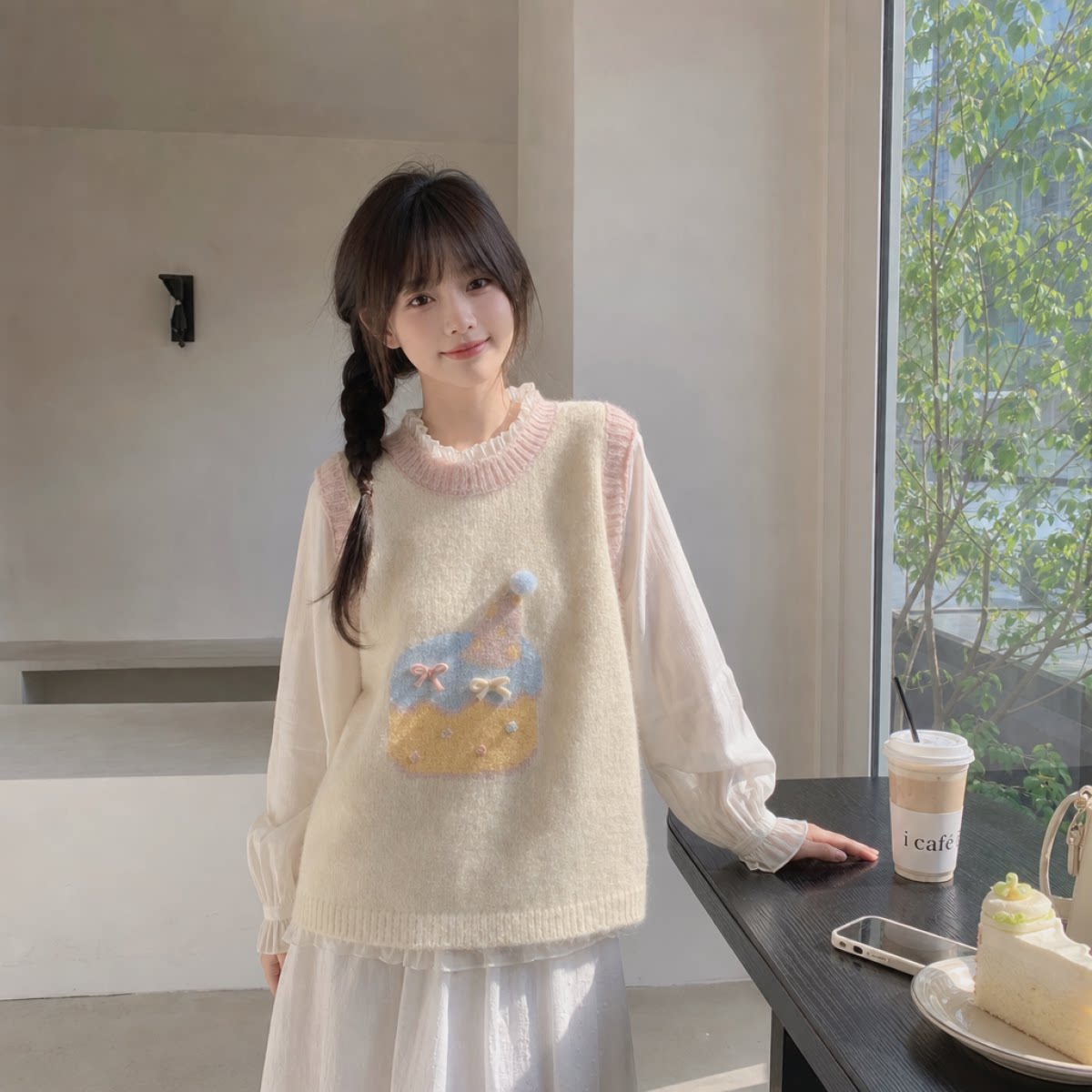 秋冬拼色卡通蛋糕针织马甲女