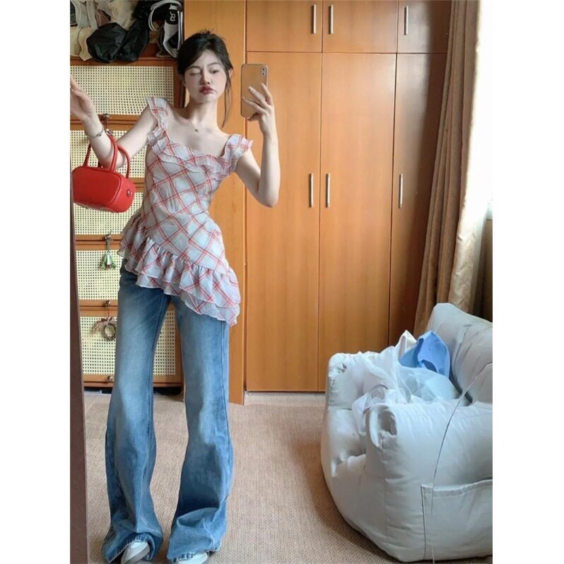 夏季新款设计感小众无袖修身上衣法式荷叶边复古格纹吊带背心女