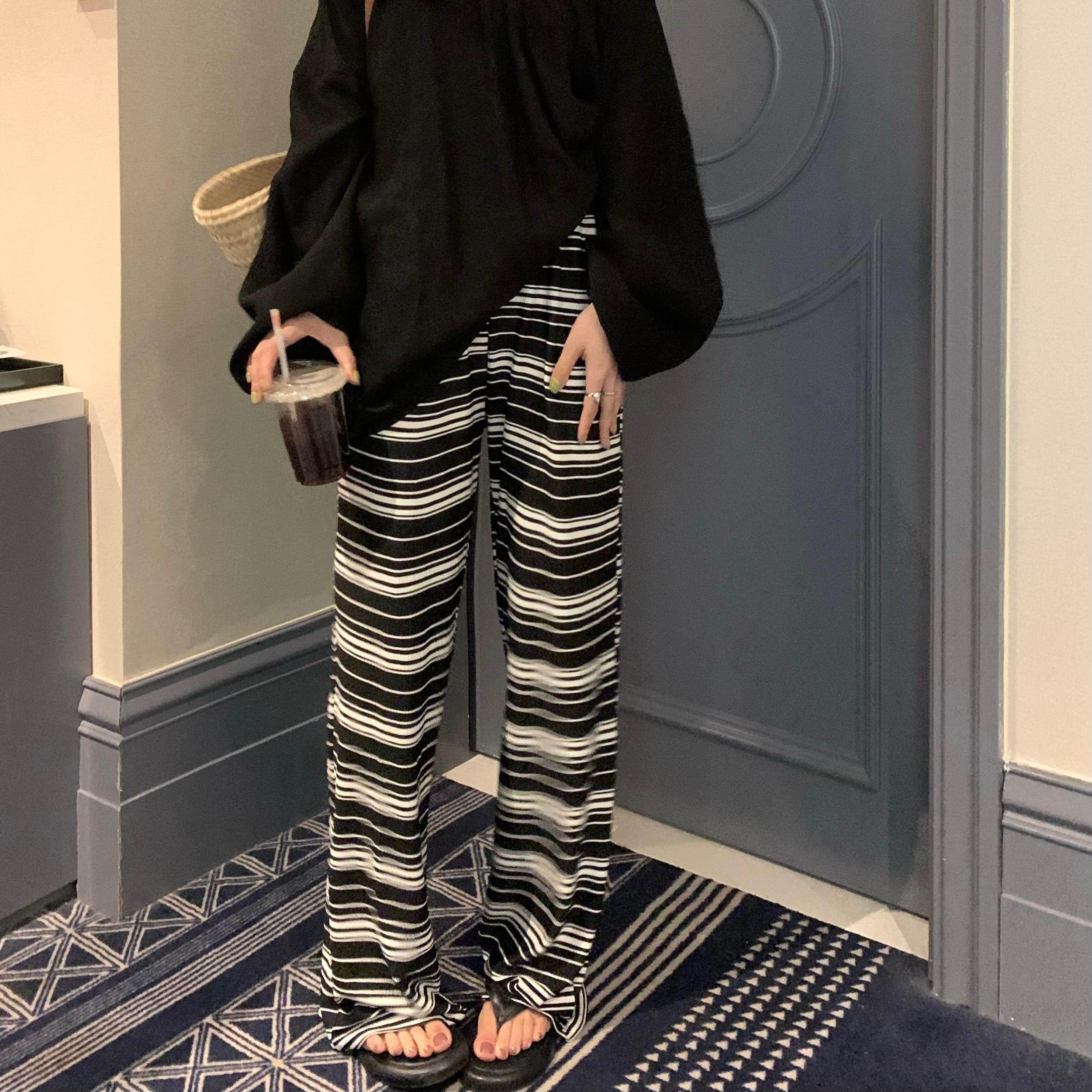 黑白条纹阔腿裤女压褶风格休闲裤子高腰直筒裤百搭显瘦垂感拖地裤