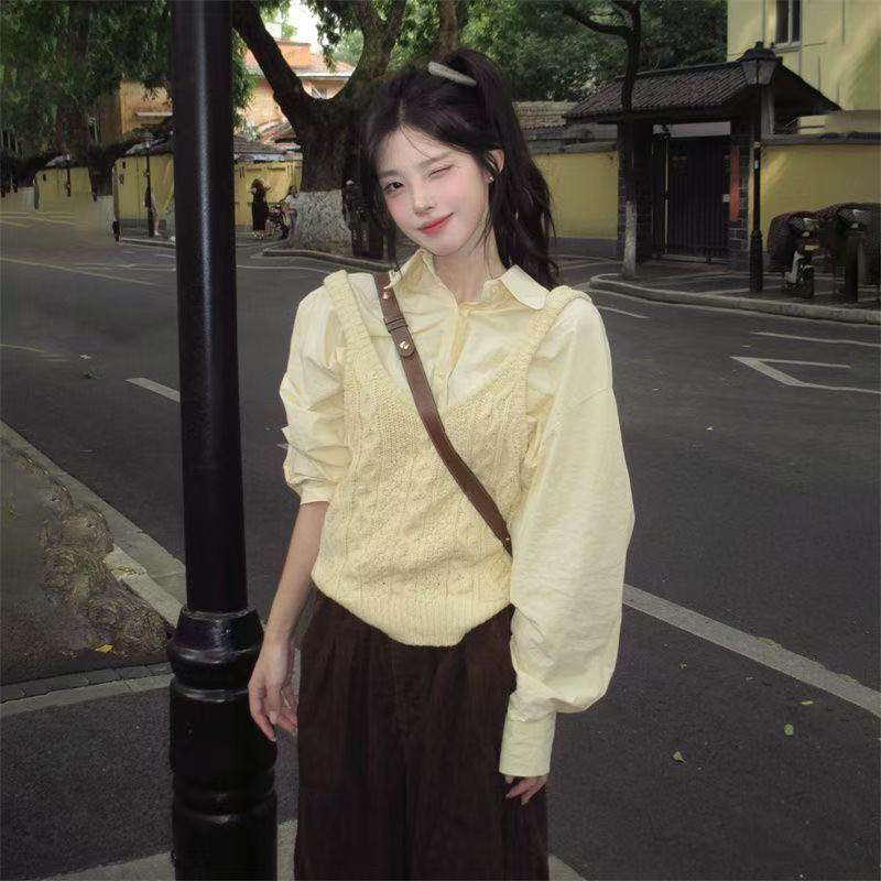 韩系甜美学院风针织背心马甲毛衣女学生秋季叠穿黄色衬衫两件套装