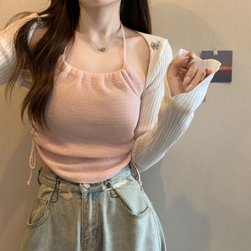 粉色性感纯欲挂脖吊带上衣女内搭夏季短款抹胸辣妹无袖背心