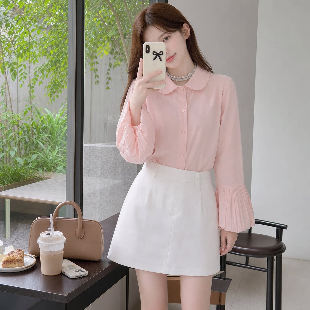 法式粉色灯笼泡泡袖长袖衬衫