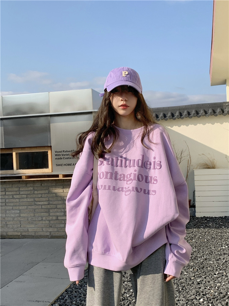 圆领女卫衣紫色春秋薄款宽松