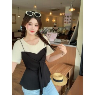 大码胖mm夏季法式假两件修身显瘦短袖T恤设计感小众别致上衣女装