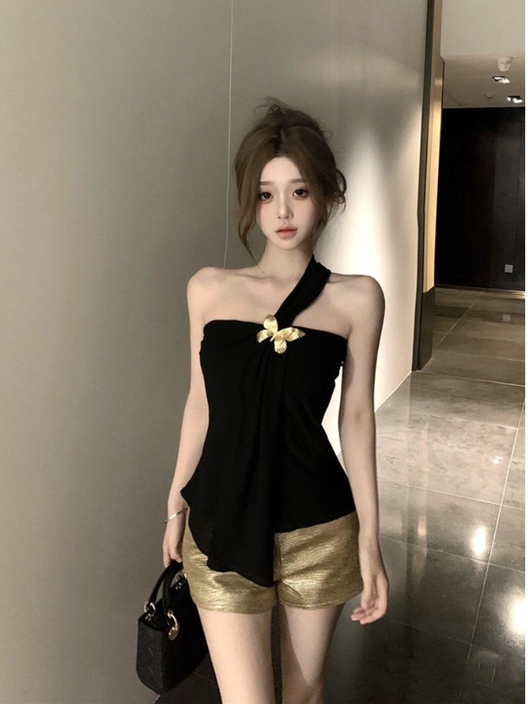 蝴蝶单肩抹胸背心女2026夏季新款修身纯欲短款黑色露背上衣外穿潮