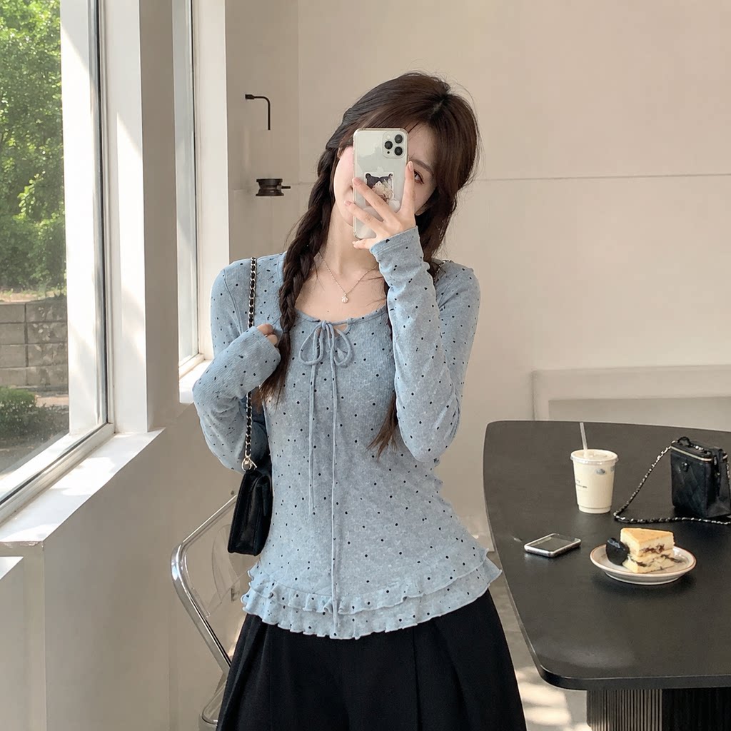 少女风波点木耳边显瘦长袖T恤