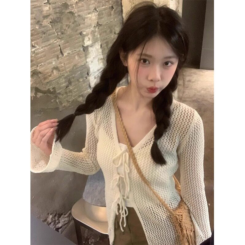 韩系V领喇叭袖镂空针织开衫女春夏防晒叠穿罩衫薄款外搭绑带上衣