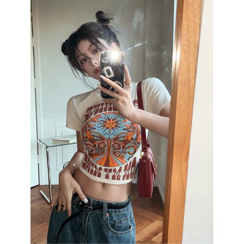 夏季美式复古t恤女设计感小众别致高腰露脐tee短袖短款别致上衣潮
