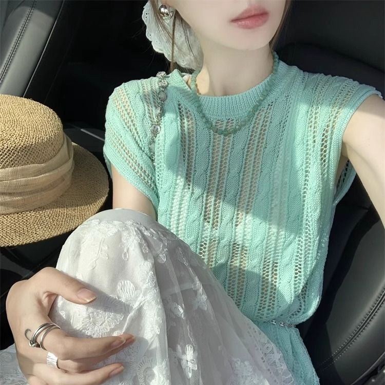 绿色短袖T恤女夏季2025新款薄款新款针织镂空短款小个子宽松上衣