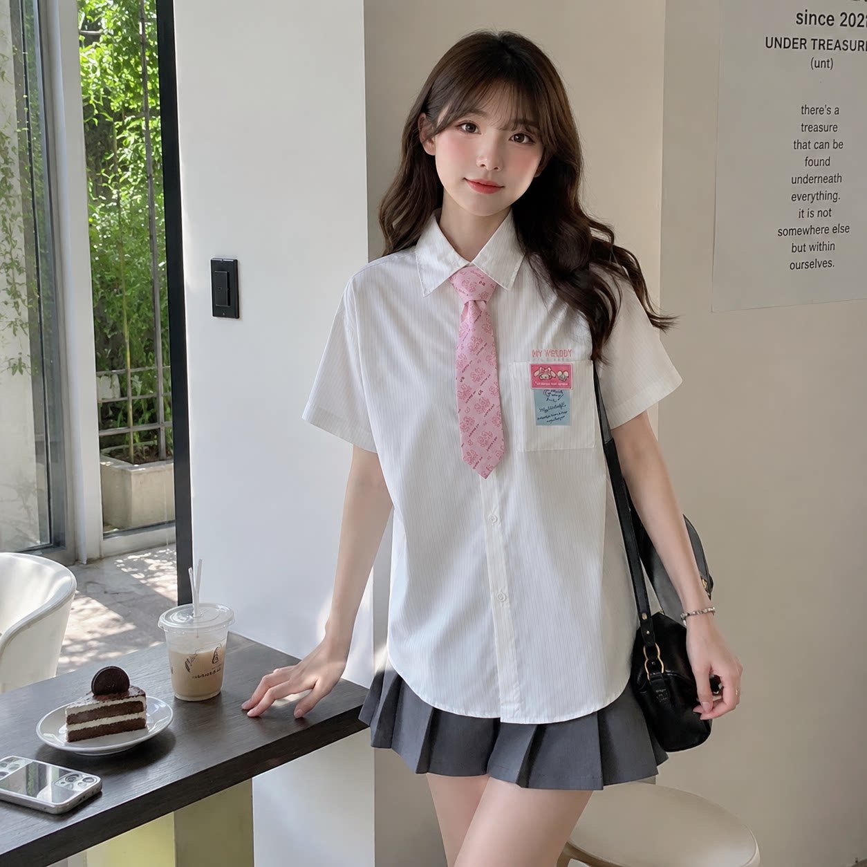 夏新款小清新粉色条纹短袖衬衫女