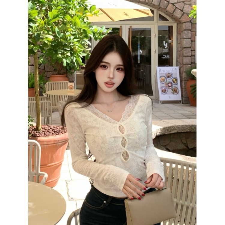 纯欲风蕾丝拼接v领T恤女