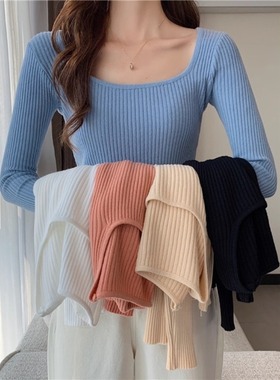 春秋新款百搭修身法式方领长袖打底针织衫上衣洋气低领毛衣女内搭