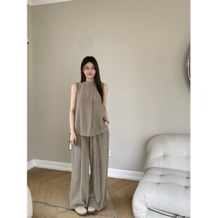 茶系穿搭一整套装气质宽松无袖背心上衣女夏季休闲阔腿裤子两件套