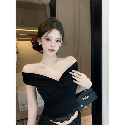 夏季甜辣一字肩交叉蕾丝短袖T恤