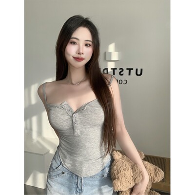 夏季美式辣妹灰色纽扣吊带背心
