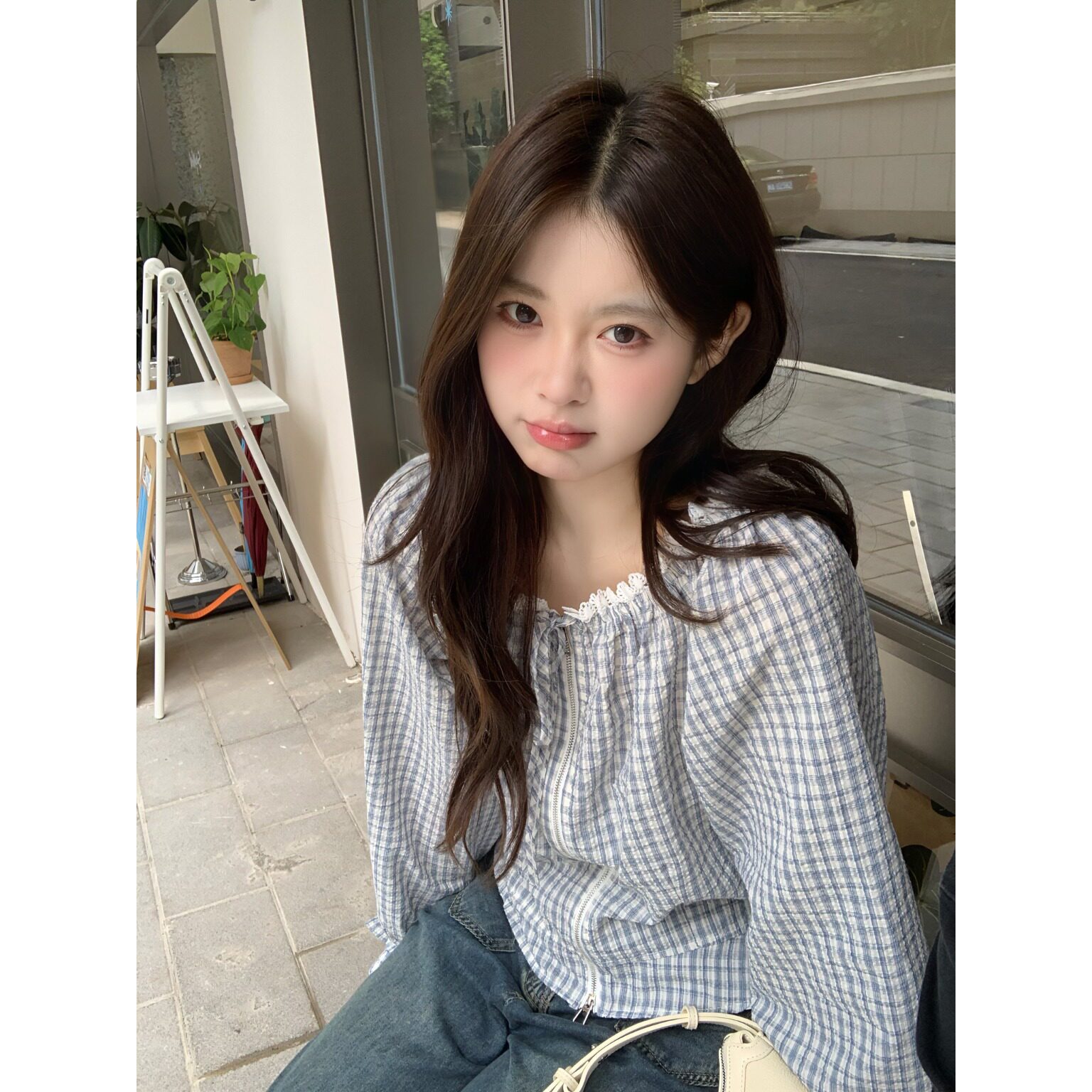 秋季韩版格子喇叭袖显瘦衬衫女