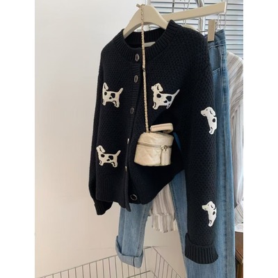 黑色小狗毛衣开衫女秋冬冬季慵懒风加厚设计感小个子欧货针织外套